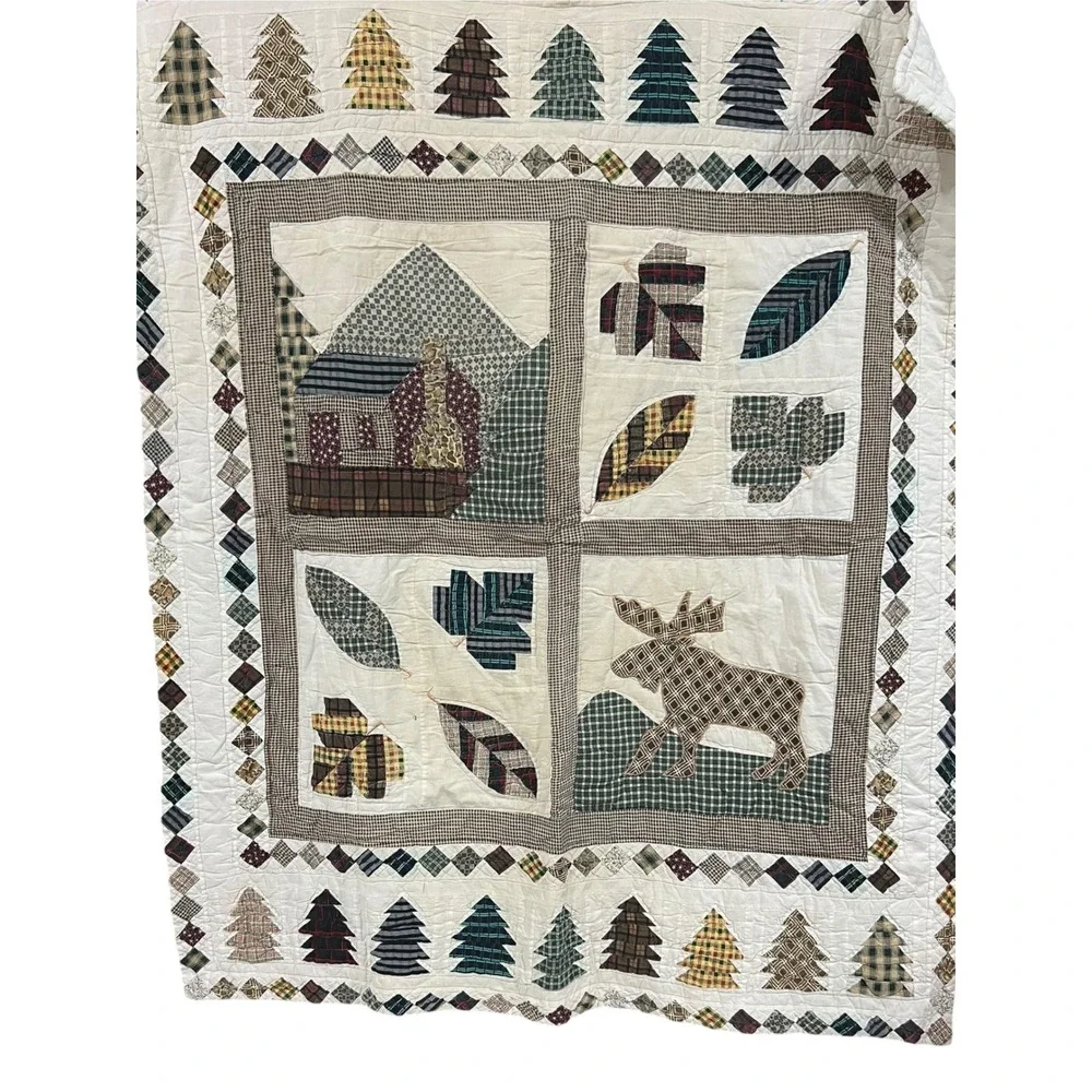 Hand Stitched Cabin Moose Quilt Wall Hanging Topper Primitive Lodge 56x48